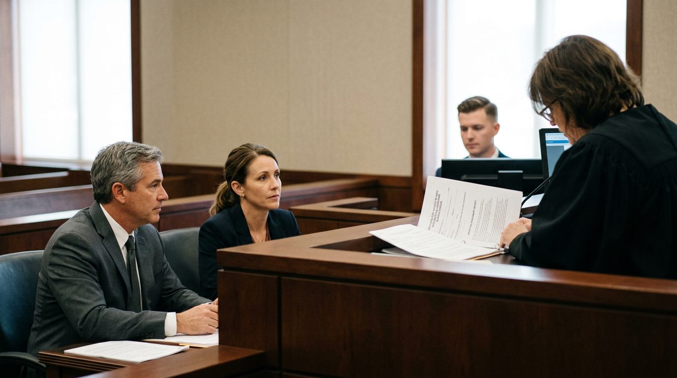 A judge reviews petition documents at a courtroom bench while a petitioner sits with counsel during a Marchman Act hearing.