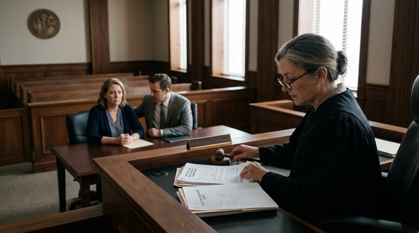 A judge reviews petition documents at a Florida courtroom hearing, with the petitioner and counsel present and assessment reports on the bench.