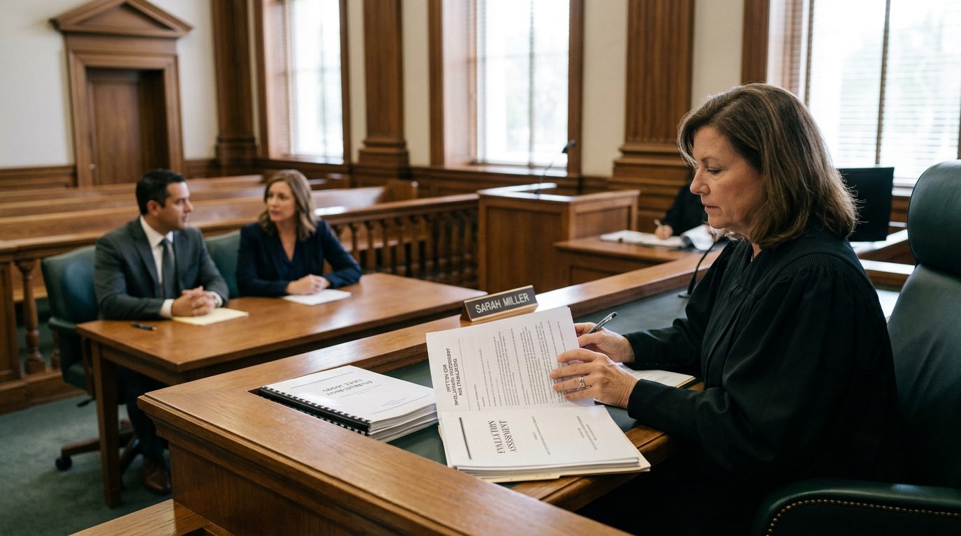 A judge reviews petition documents at a Florida courtroom hearing, with the petitioner and counsel present and addiction assessment reports on the