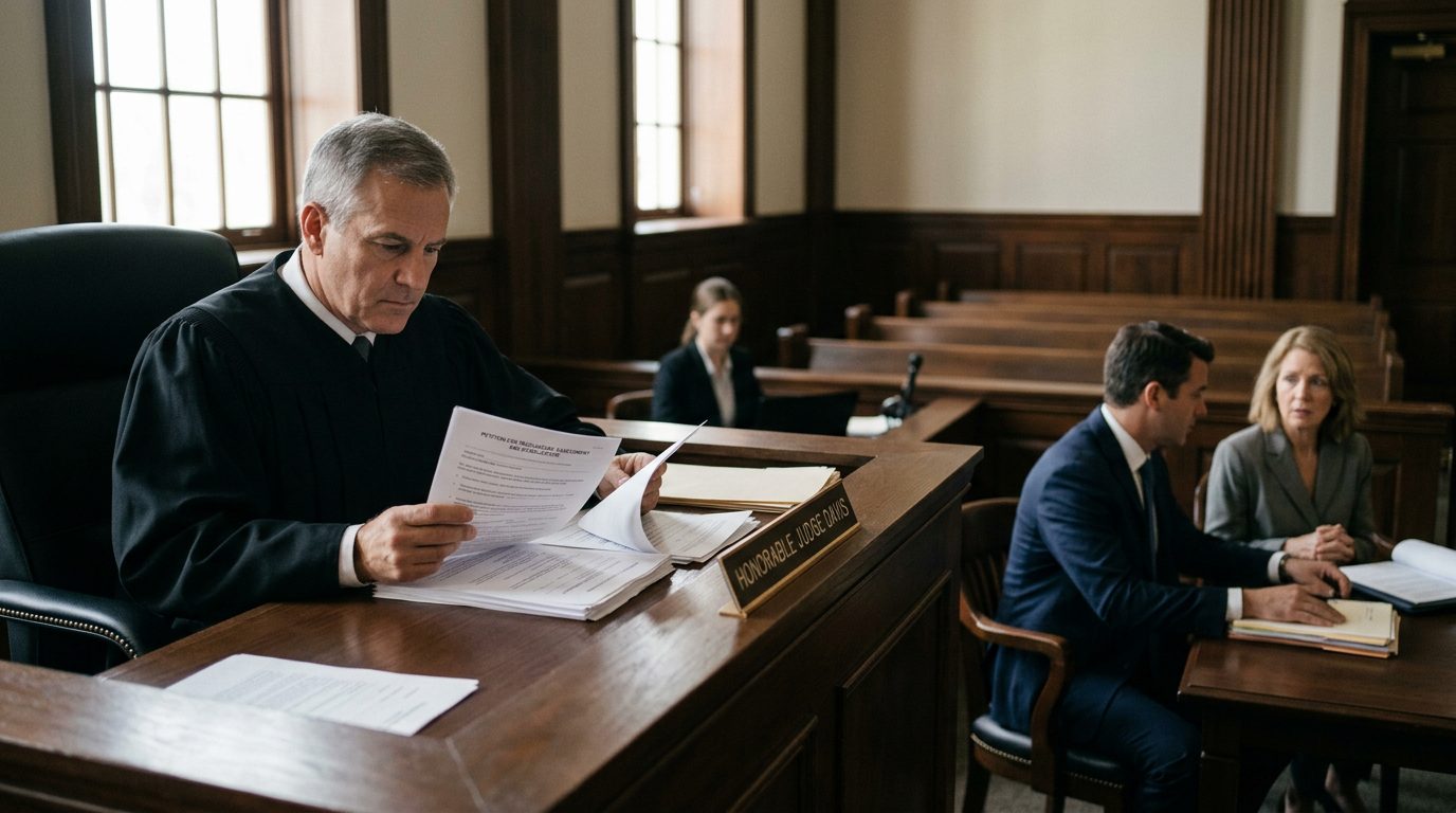 A judge reviews petition documents at a Florida courtroom hearing, with the petitioner and counsel present and addiction assessment reports on the bench.