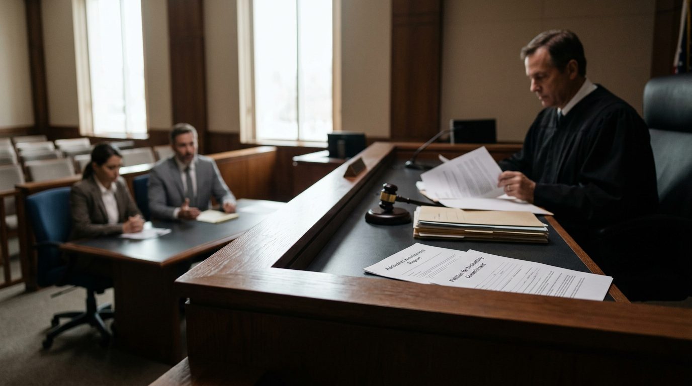 Un juez revisa documentos de una petición en el estrado durante una audiencia en un tribunal de Florida, con abogados y el peticionario presentes.