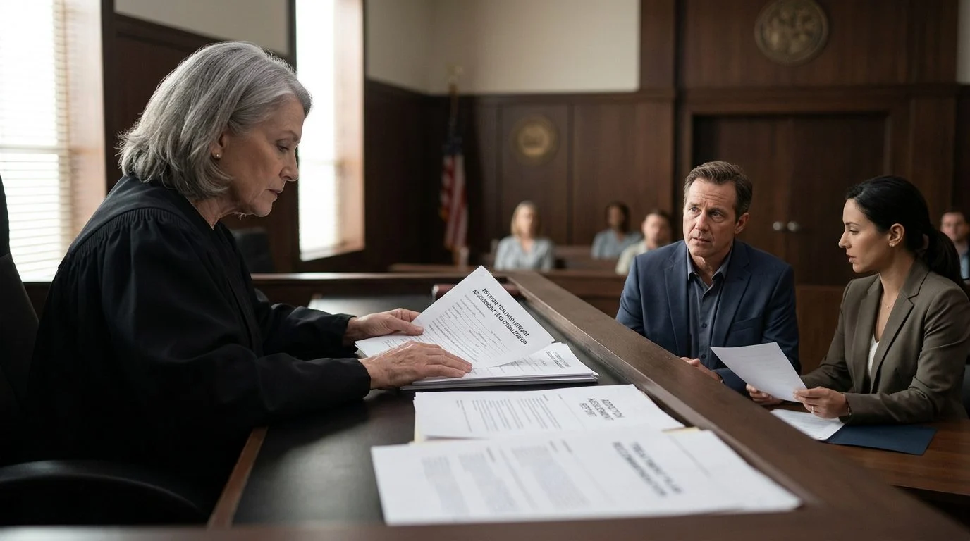 A judge reviews petition documents at the bench while the petitioner sits with counsel during a courtroom hearing.