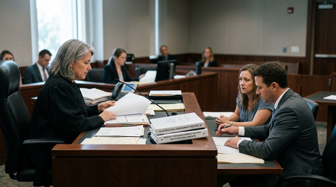 A judge reviews petition documents at the bench while the petitioner sits with counsel during a Marchman Act hearing in a Florida courtroom.