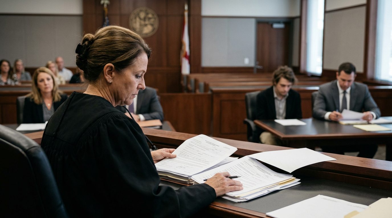 A judge reviews petition documents in a Florida courtroom while the petitioner sits with counsel during a Marchman Act hearing.