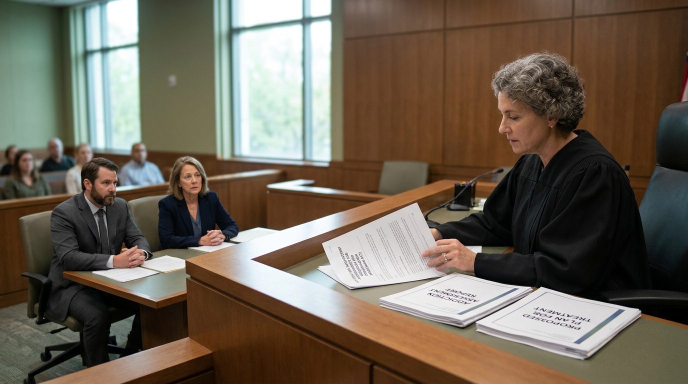 A judge reviews petition papers at a Marchman Act hearing while the petitioner sits with counsel in a courtroom.