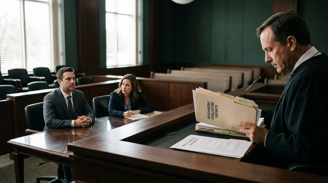 A judge reviews psychiatric evaluation reports at a guardianship hearing while the petitioner and counsel sit in a Florida courtroom.