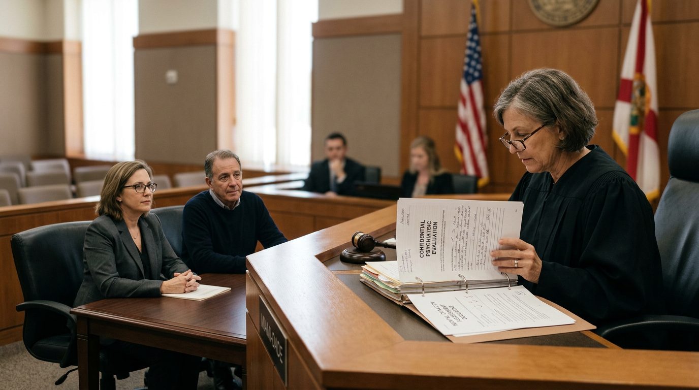A judge reviews psychiatric reports during a guardianship hearing, with the petitioner and counsel seated in a Miami-Dade courtroom.