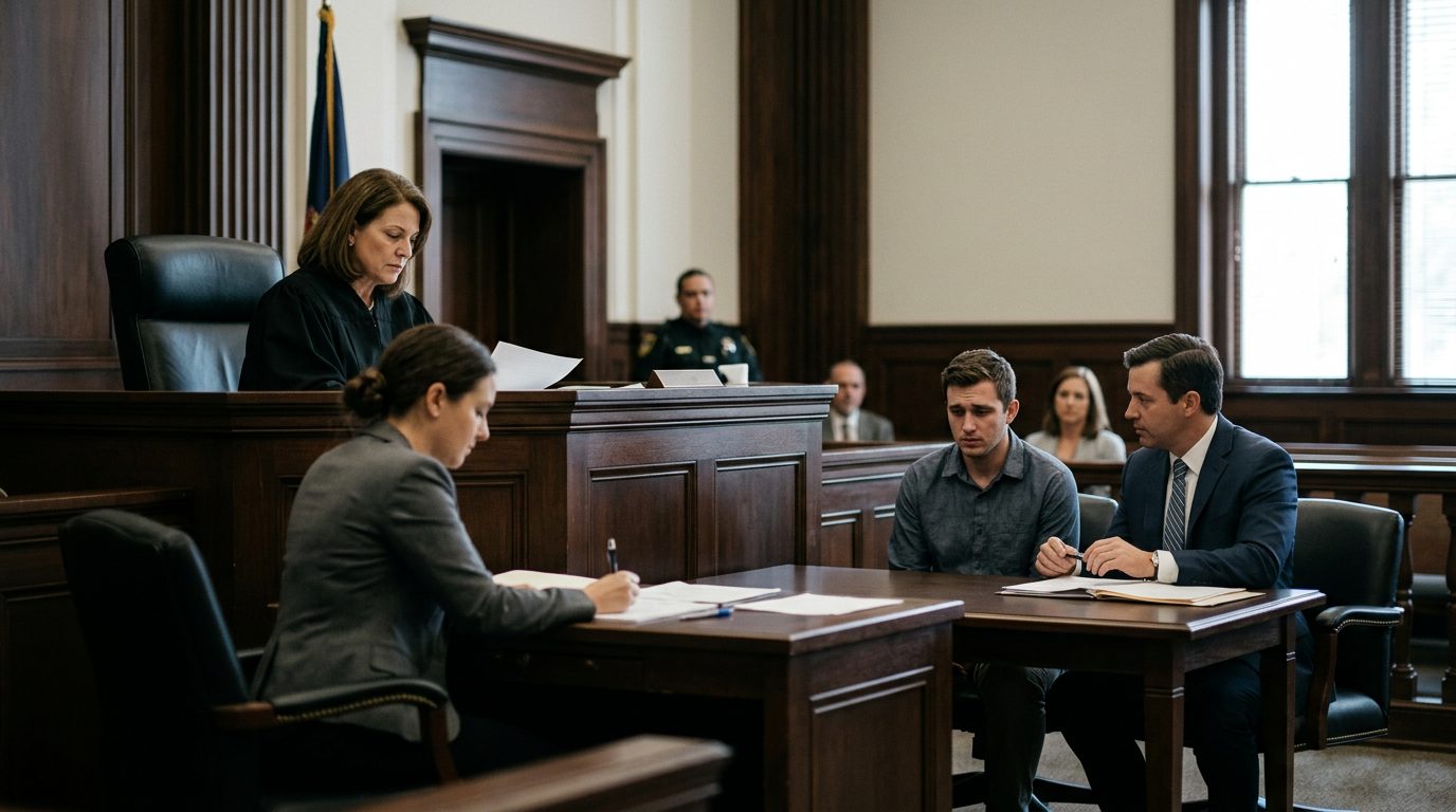 A Marchman Act hearing in a courtroom with a judge, a represented respondent, and a clerk preparing orders.