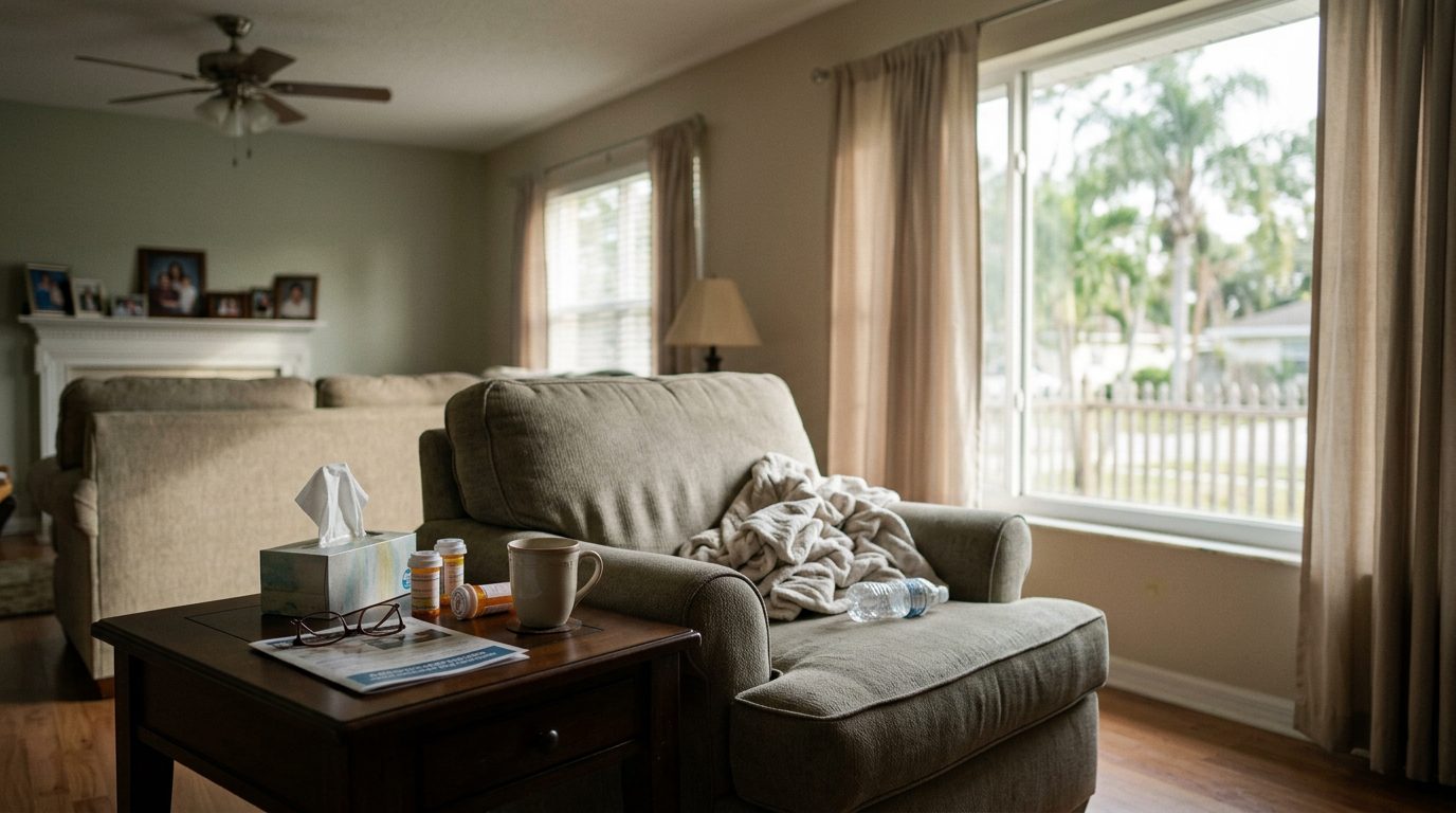 A quiet, empty Florida home interior with soft afternoon light through the window