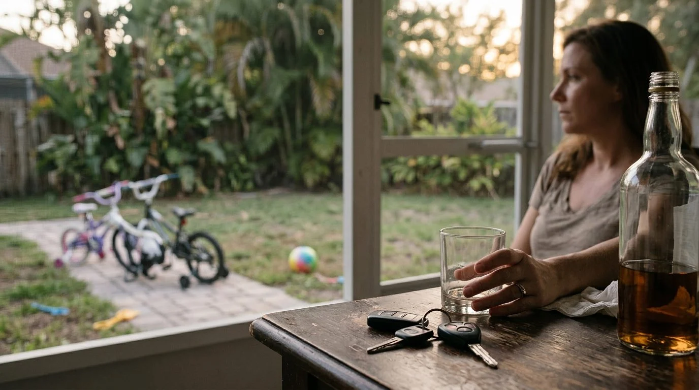 A quiet, empty living room in a Florida home, with a sofa, a side table, and a closed door in soft evening light.