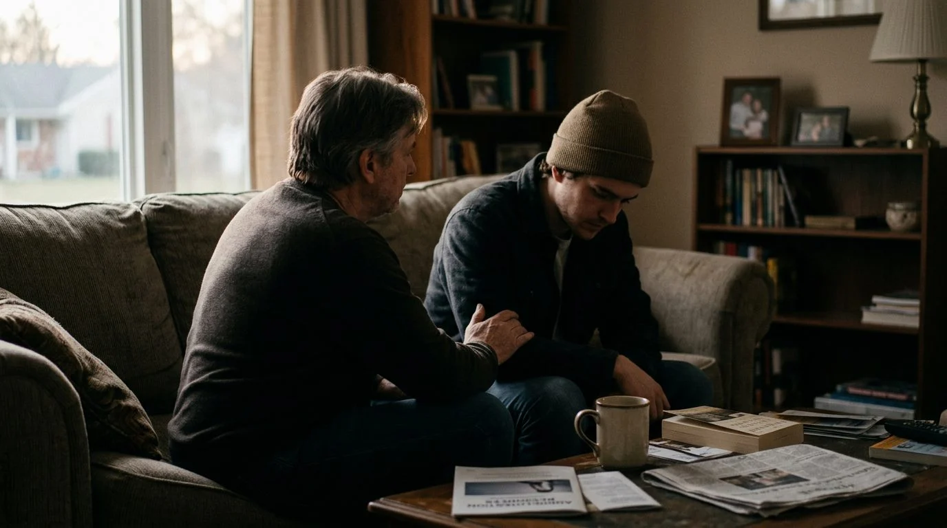 A quiet kitchen table with two empty chairs and a cup of coffee beside a window in soft morning light.
