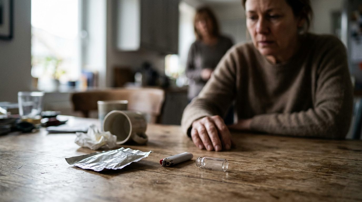 A quiet living room with a closed pill bottle and a phone resting on a wooden table