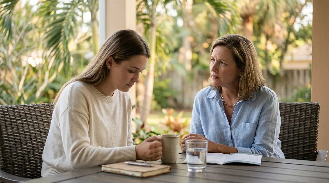 A worn kitchen table with a coffee mug and a folded note beside a window overlooking a sunlit Florida backyard.
