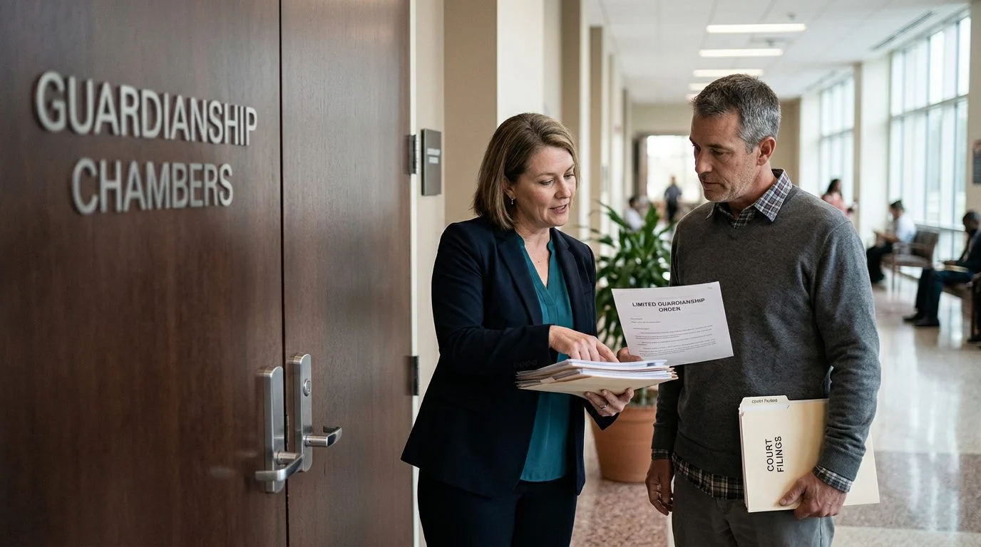 An attorney and client confer in a courthouse hallway outside guardianship chambers, reviewing court filings.