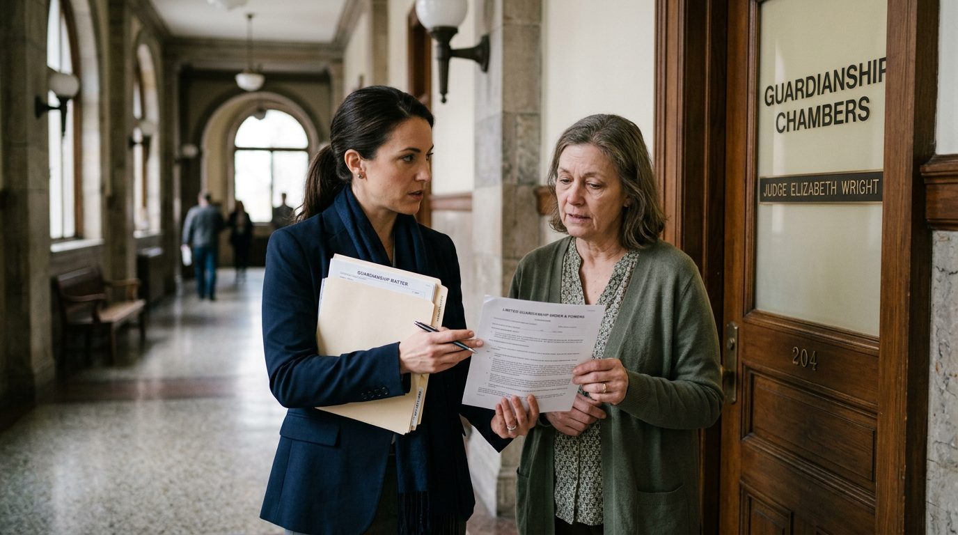 Attorney and client conferring in a courthouse hallway outside guardianship chambers, reviewing court filings.