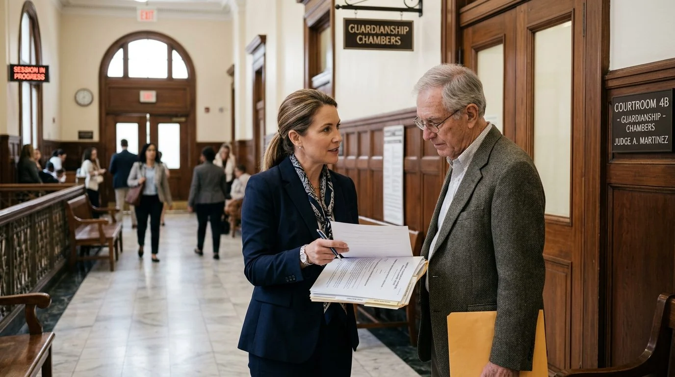 Attorney and client reviewing guardianship documents in courthouse hallway.