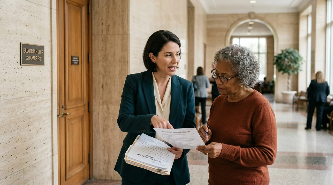 Attorney and client reviewing guardianship documents in courthouse hallway.