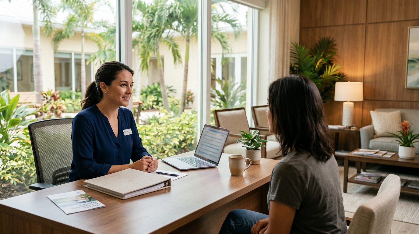 Bright reception area with a wooden desk, a clipboard of forms, and cushioned chairs near a window.