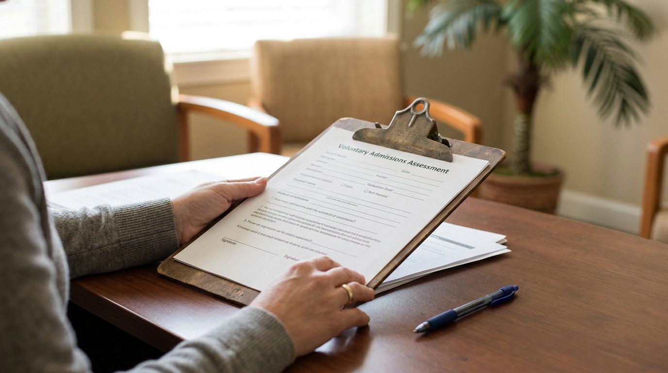 Close-up of a quiet Florida living room table with a closed notebook, a pen, and a pair of house keys beside a window.