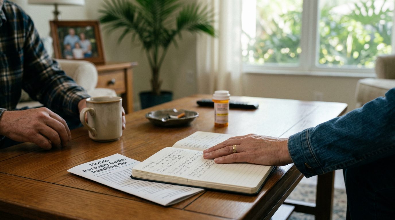 Close-up of a quiet home kitchen table with a notebook, pen, and coffee mug.