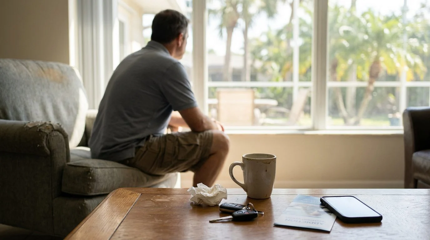 Close-up of a quiet home table with a notebook, pen, and coffee mug beside a window in Florida.
