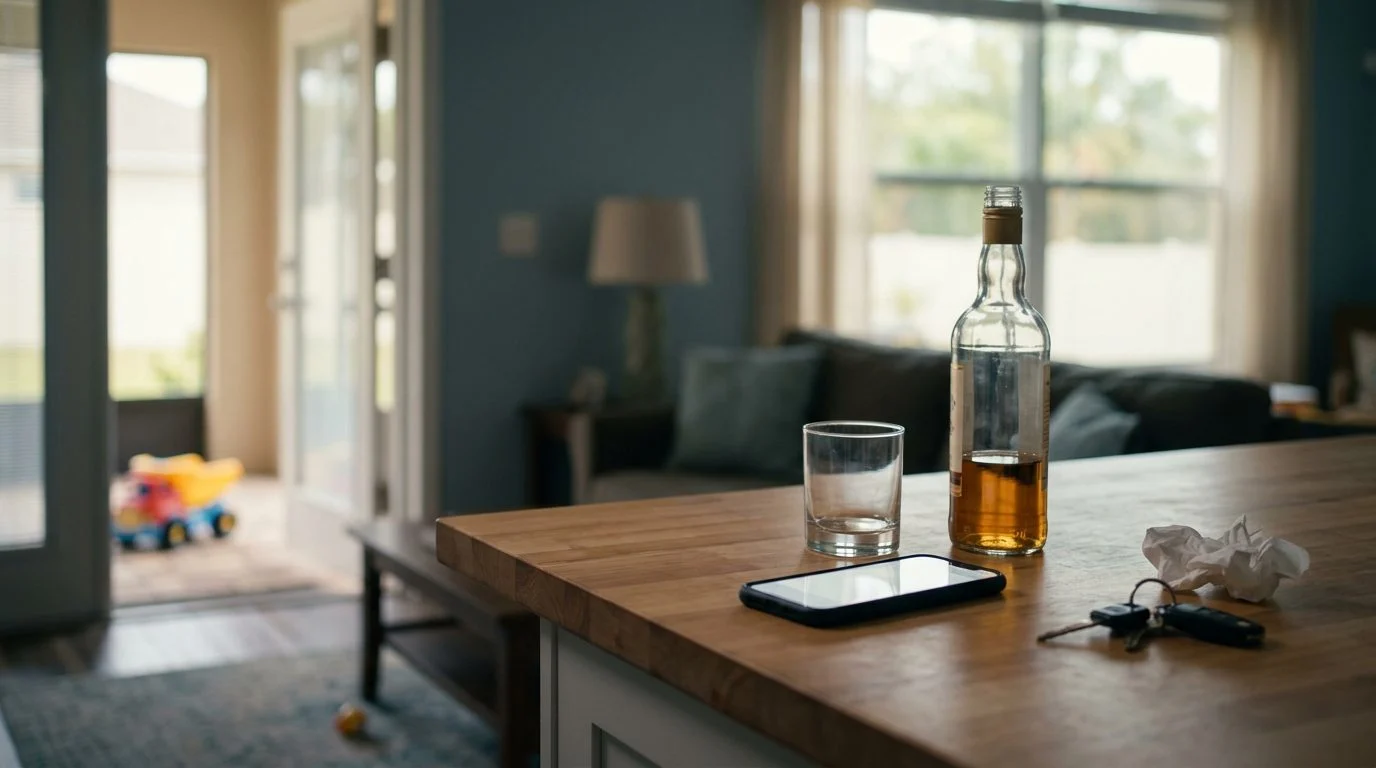 Close-up of a quiet home table with folded papers, a set of keys, and a mug beside a window.