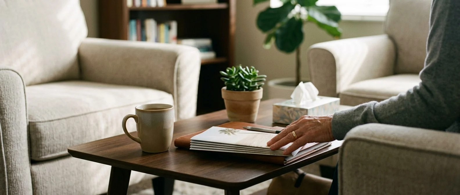 Primer plano de una mesa de sala iluminada por el sol, con una libreta, un bolígrafo y una taza de café.