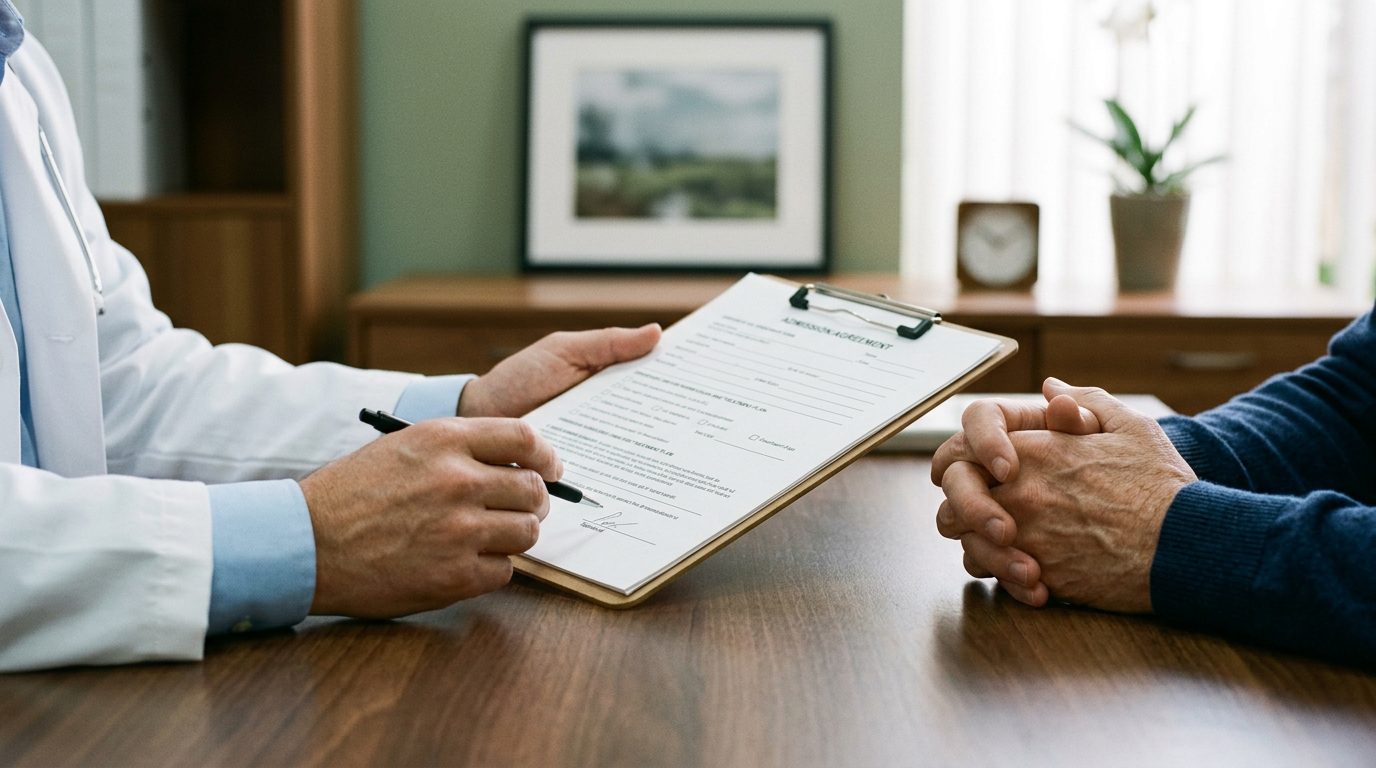 Close-up of a wooden desk with a closed folder, pen, and eyeglasses beside a window in a quiet office.