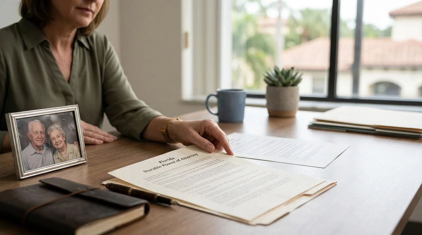 Close-up of a wooden desk with a legal folder, pen, and eyeglasses beside a window in a quiet Florida home.