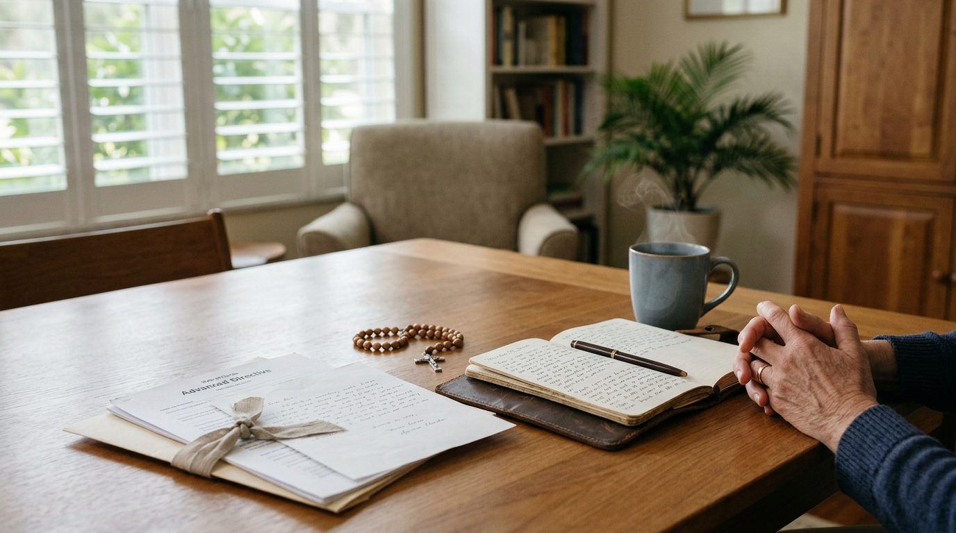 Close-up of a wooden desk with a legal folder, pen, and reading glasses near a sunlit office window.