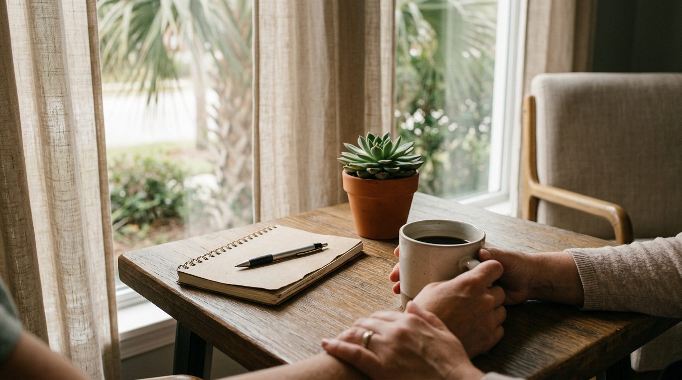Close-up of a wooden table in a quiet home, with a notepad, pen, and mug beside a window.