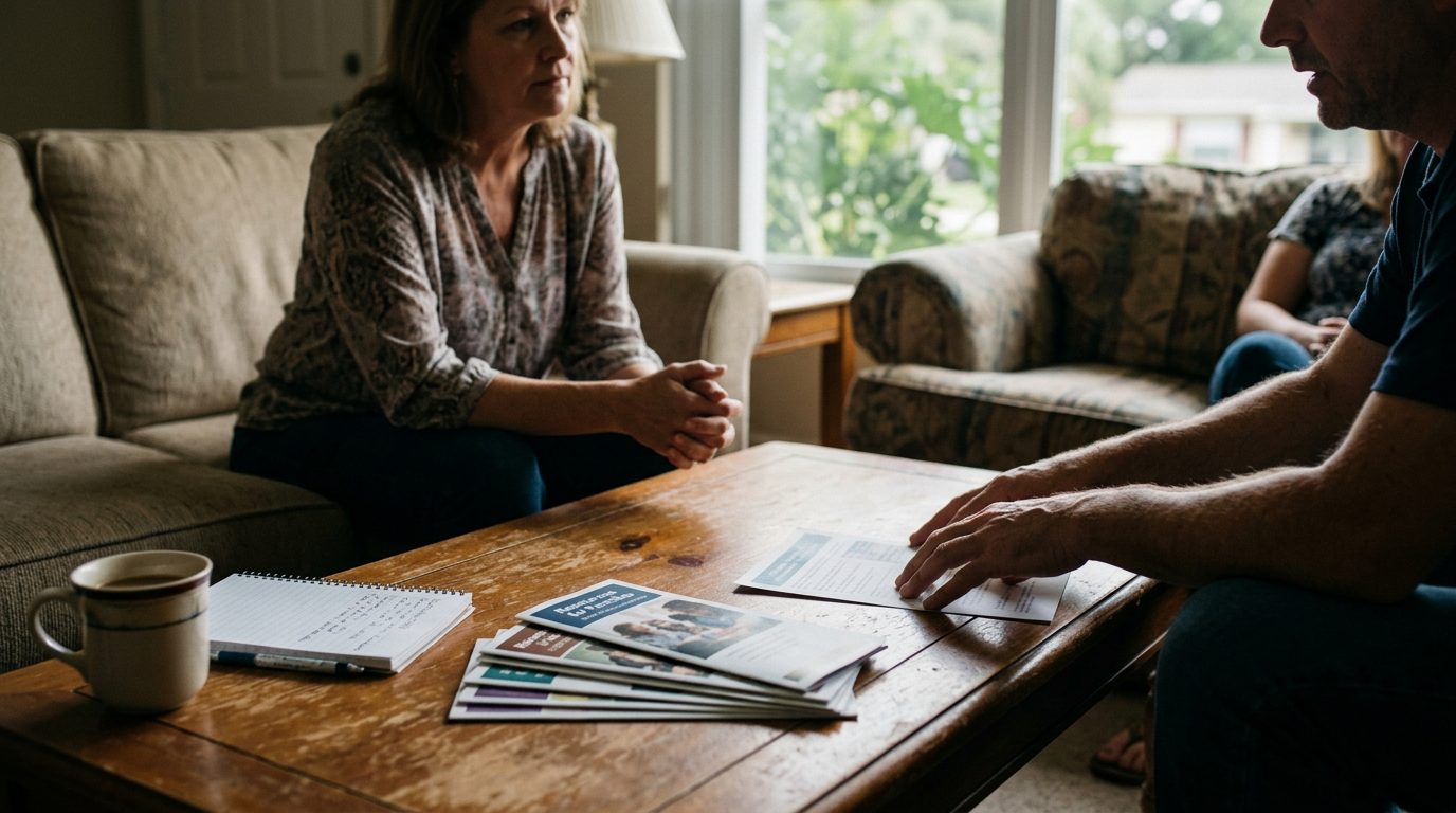 Close-up of a worn kitchen table with keys, a coffee mug, and loose papers in a quiet home.