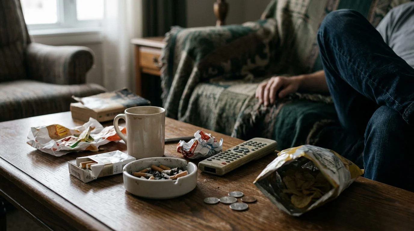 Close-up of a worn wooden kitchen table with a mug of coffee and a folded letter in soft morning light.