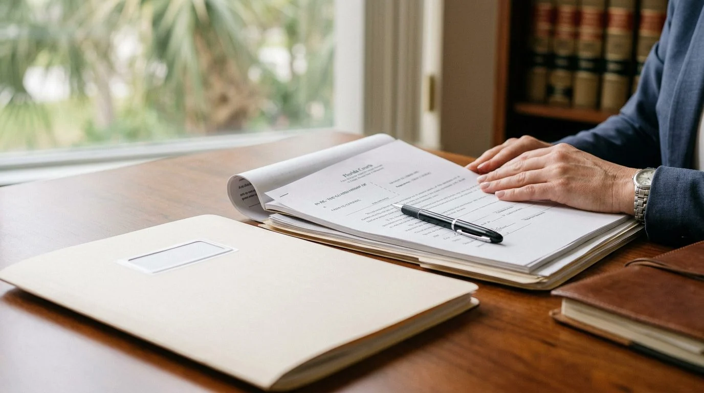 Close-up of legal forms, a pen, and reading glasses on a wooden desk in a courthouse office.