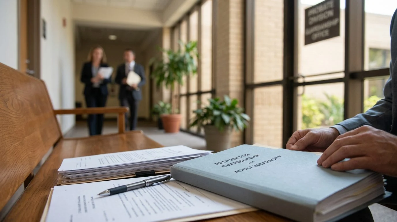 Courthouse steps and a wooden gavel beside a stack of legal forms and a pen on a desk.