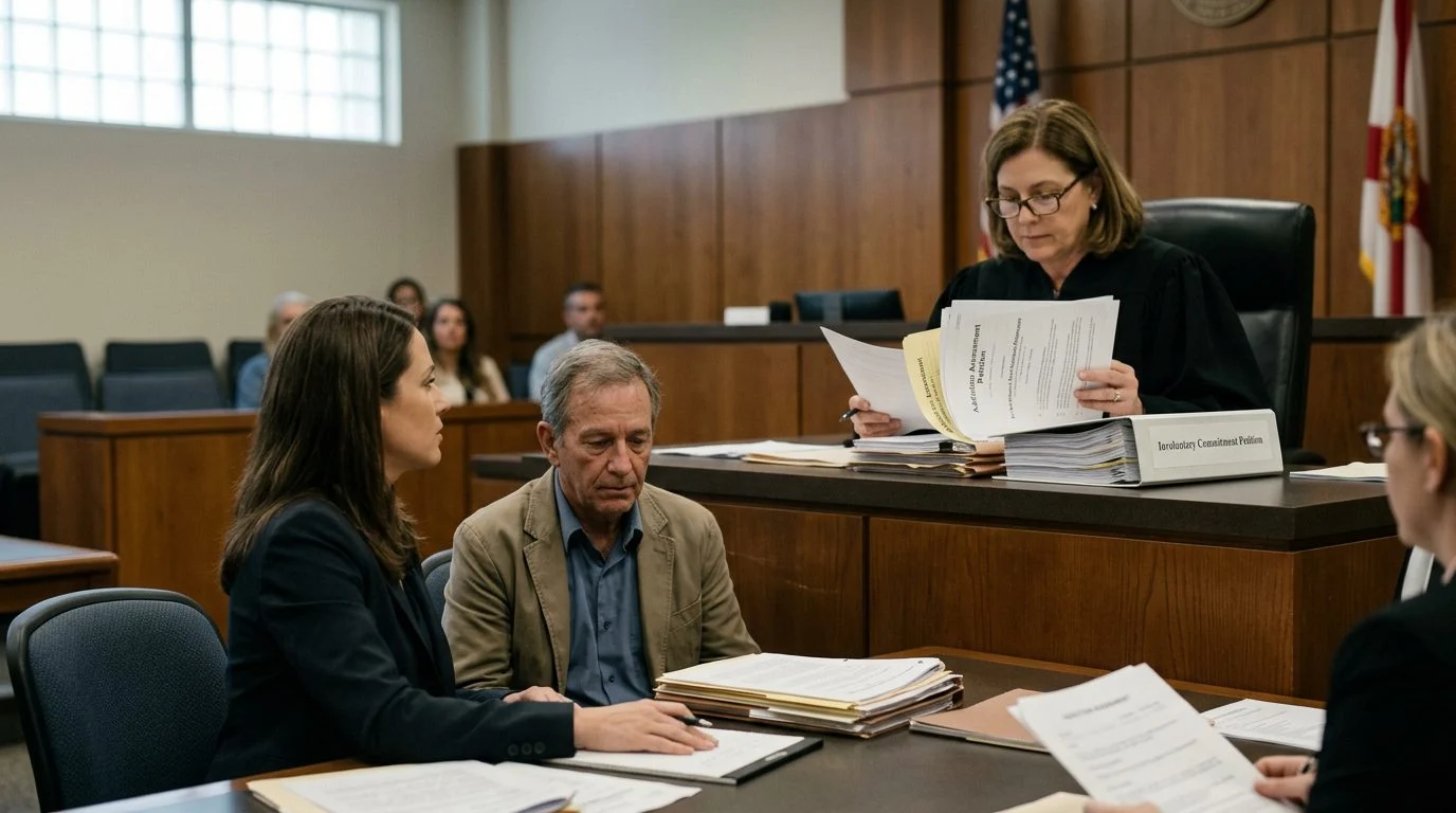 Courtroom hearing under Florida's Marchman Act, with a judge reviewing a commitment petition and assessment reports beside counsel and the petitioner.