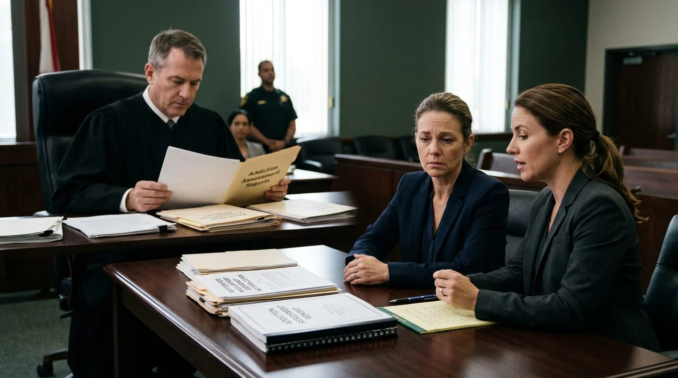 Courtroom hearing under the Marchman Act, with a judge reviewing petition documents beside counsel and the petitioner.