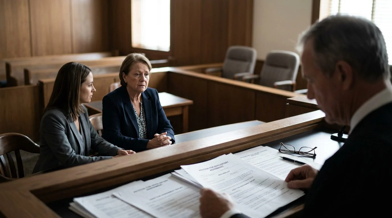 Courtroom hearing where a judge reviews involuntary commitment papers while the petitioner sits with counsel.