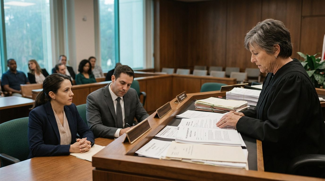 Courtroom hearing with a judge reviewing involuntary commitment petition documents alongside counsel and the petitioner.