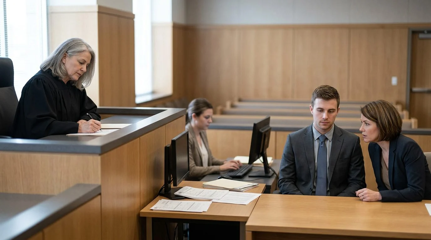 Courtroom Marchman Act hearing with a judge, a respondent and attorney, and a clerk preparing orders.
