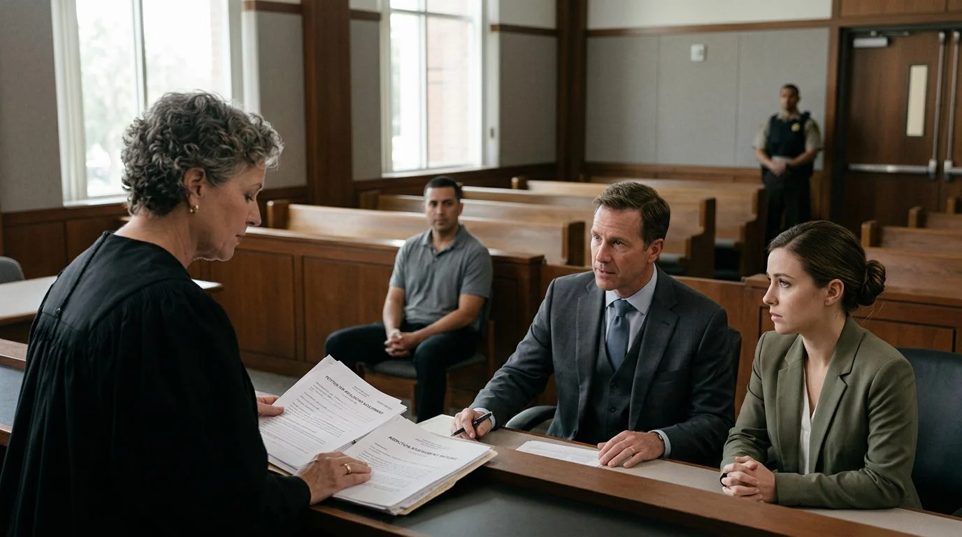 Courtroom scene during a Marchman Act hearing, with a judge reviewing commitment petition documents beside counsel and the petitioner.