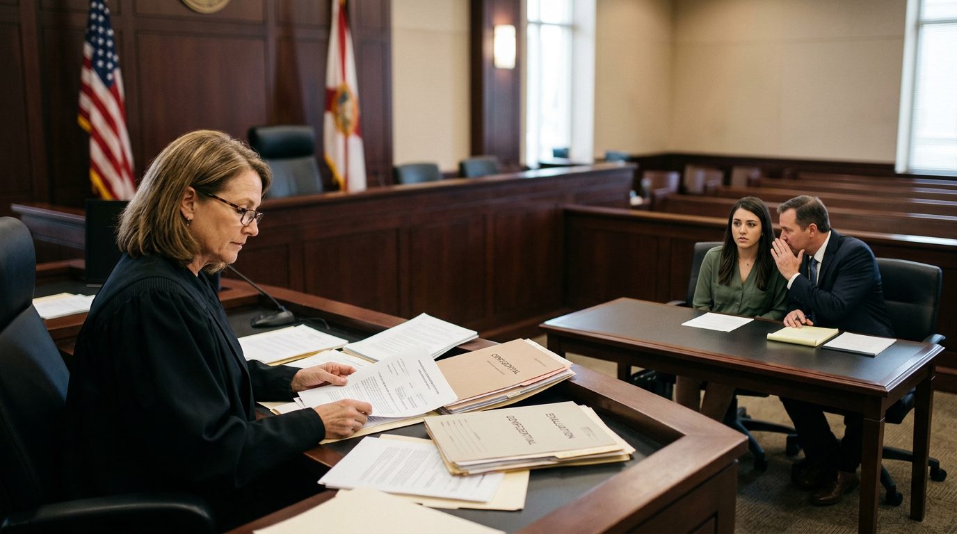 Courtroom scene during a Marchman Act hearing, with a judge reviewing a commitment petition and an addiction assessment report.