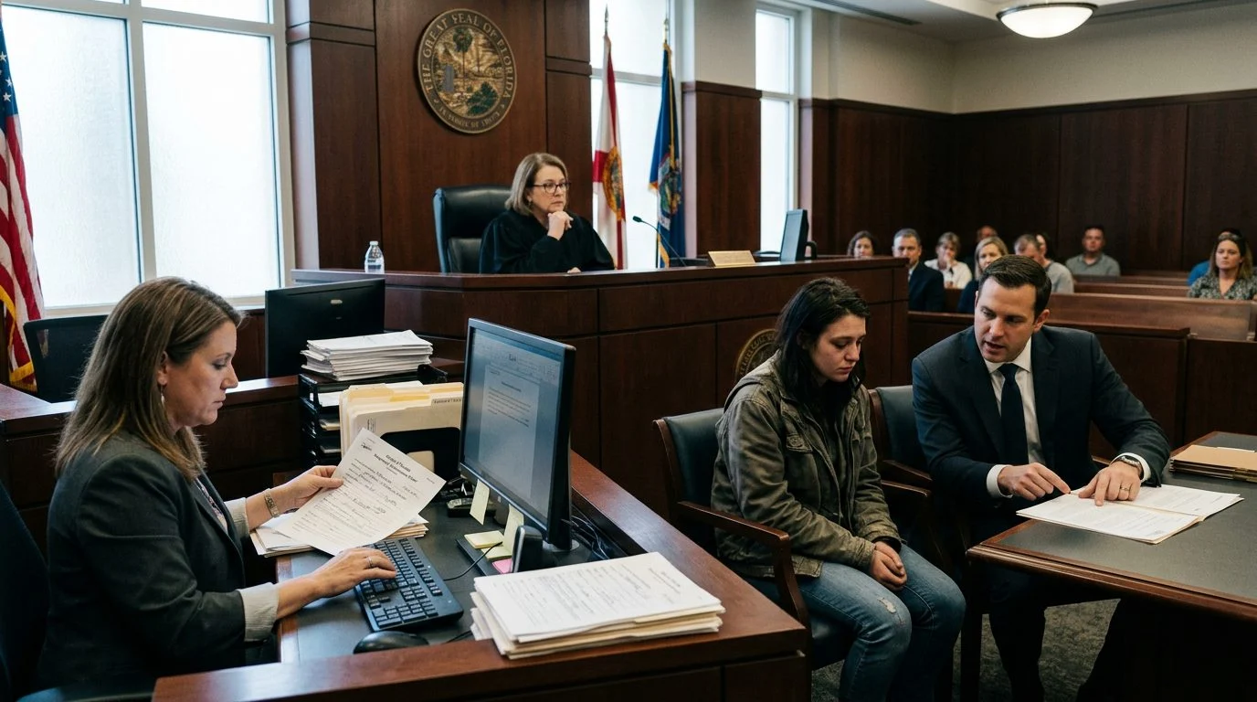 Courtroom scene with a judge, a respondent and attorney at the table, and a clerk preparing commitment orders.