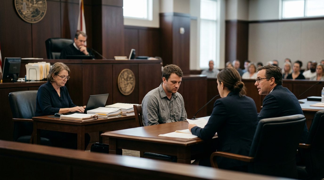 Courtroom scene with a judge, a respondent and counsel, and a clerk preparing commitment orders during a Marchman Act hearing.