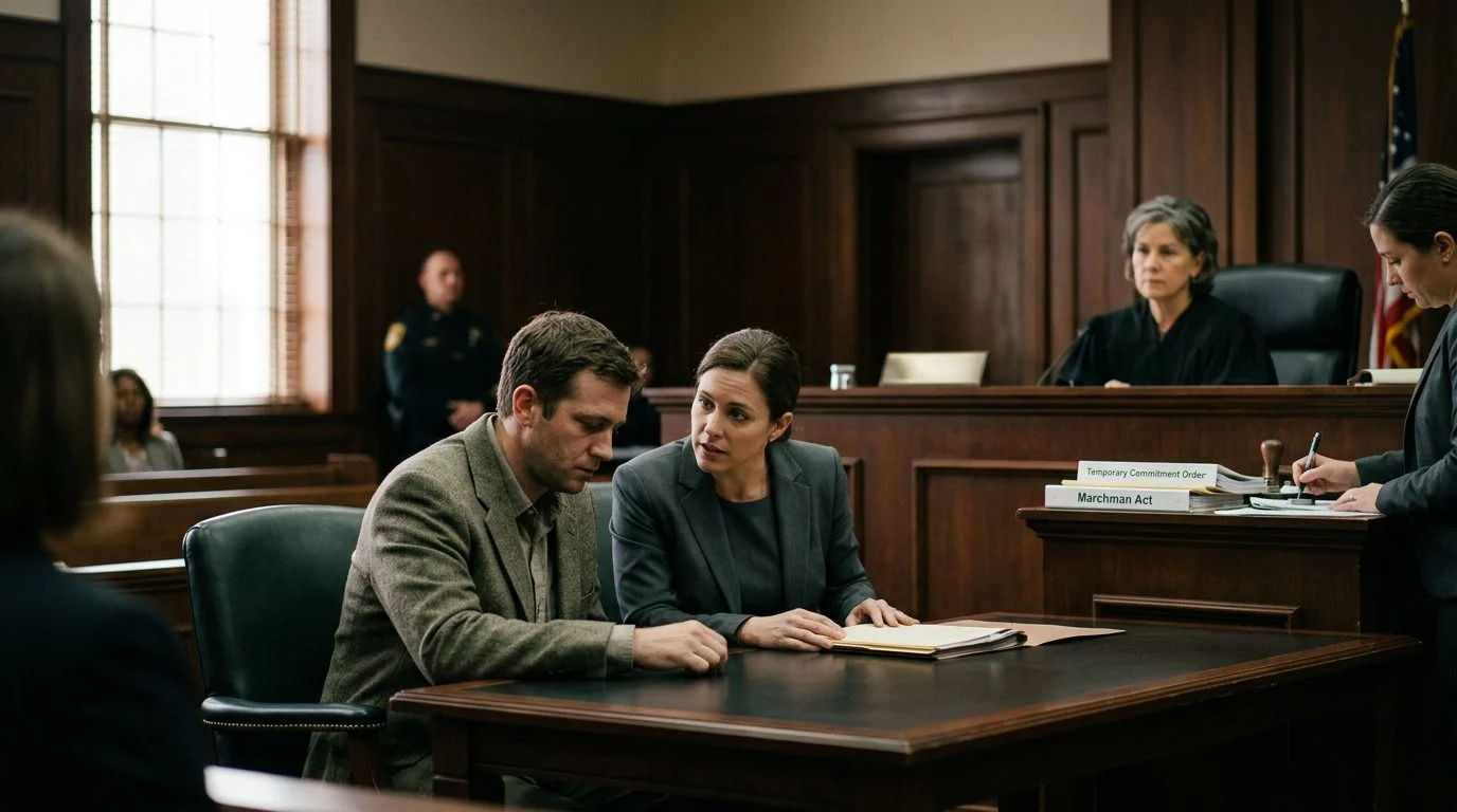 Courtroom scene with a judge, a respondent and their attorney, and a clerk preparing paperwork.
