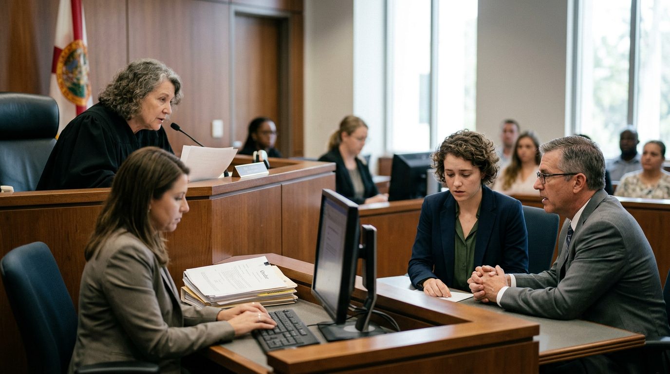 Courtroom scene with a judge, a respondent and their attorney, and a clerk preparing commitment orders during a Marchman Act hearing.