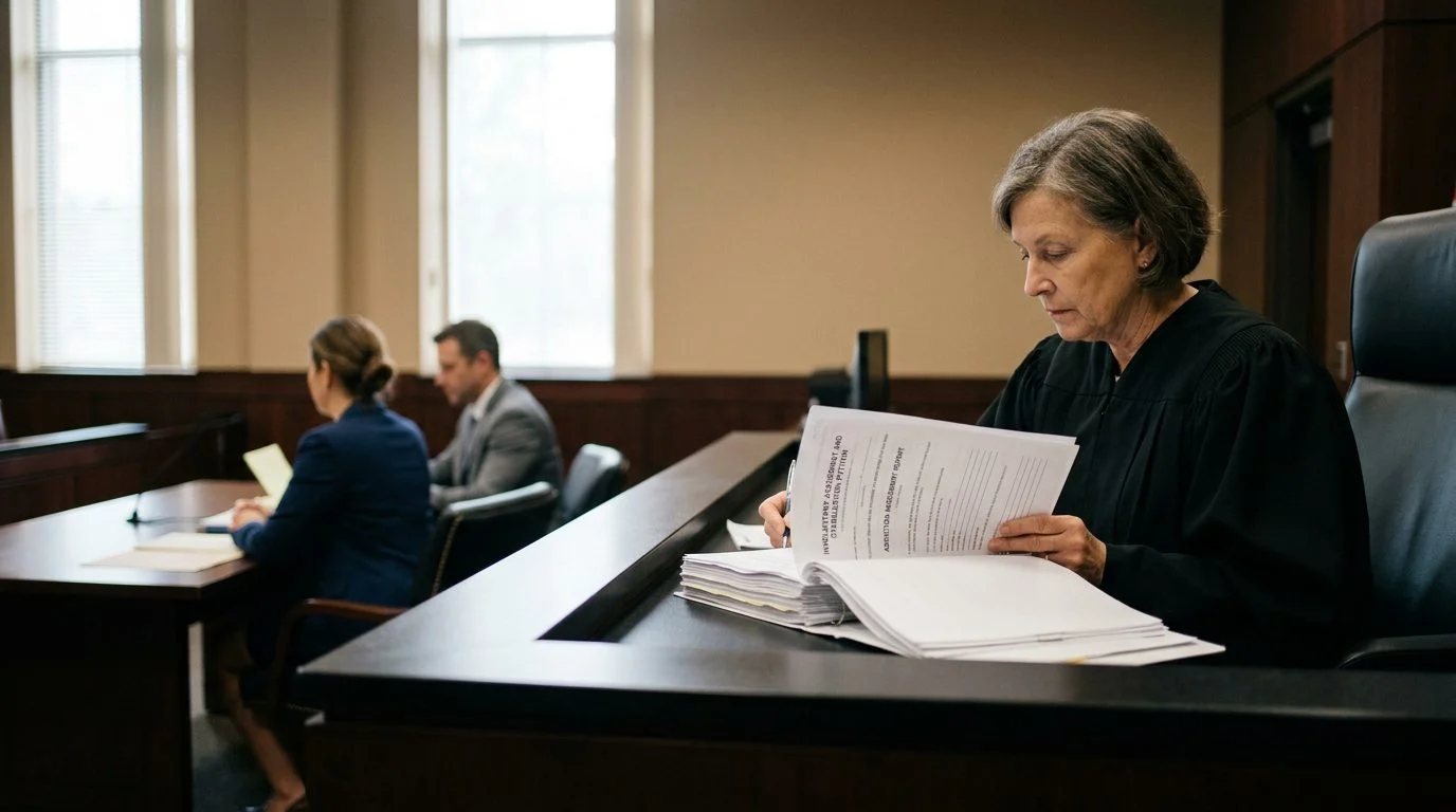 Courtroom scene with a judge reviewing an involuntary commitment petition while the petitioner sits with counsel and addiction assessment reports lie