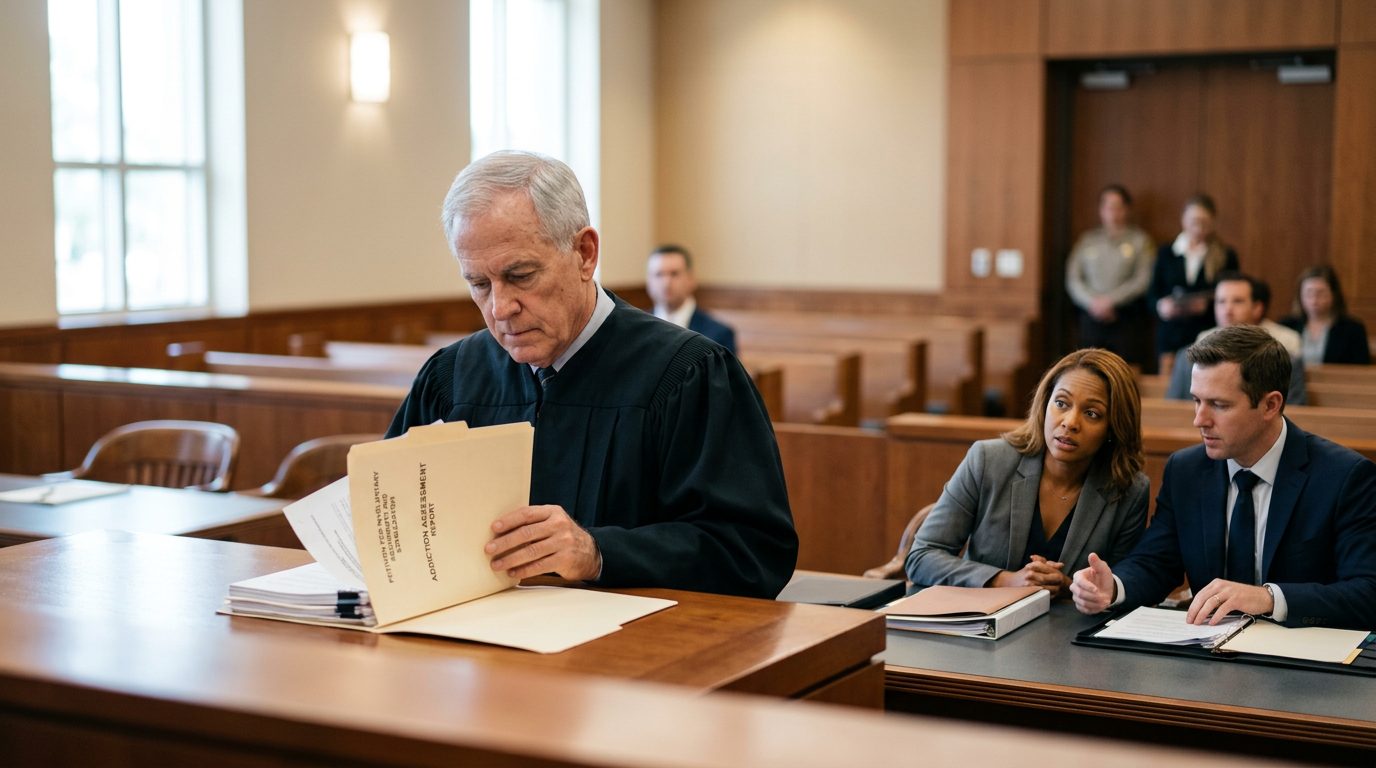 Courtroom scene with a judge reviewing involuntary commitment petition papers while the petitioner sits with counsel and addiction assessment reports
