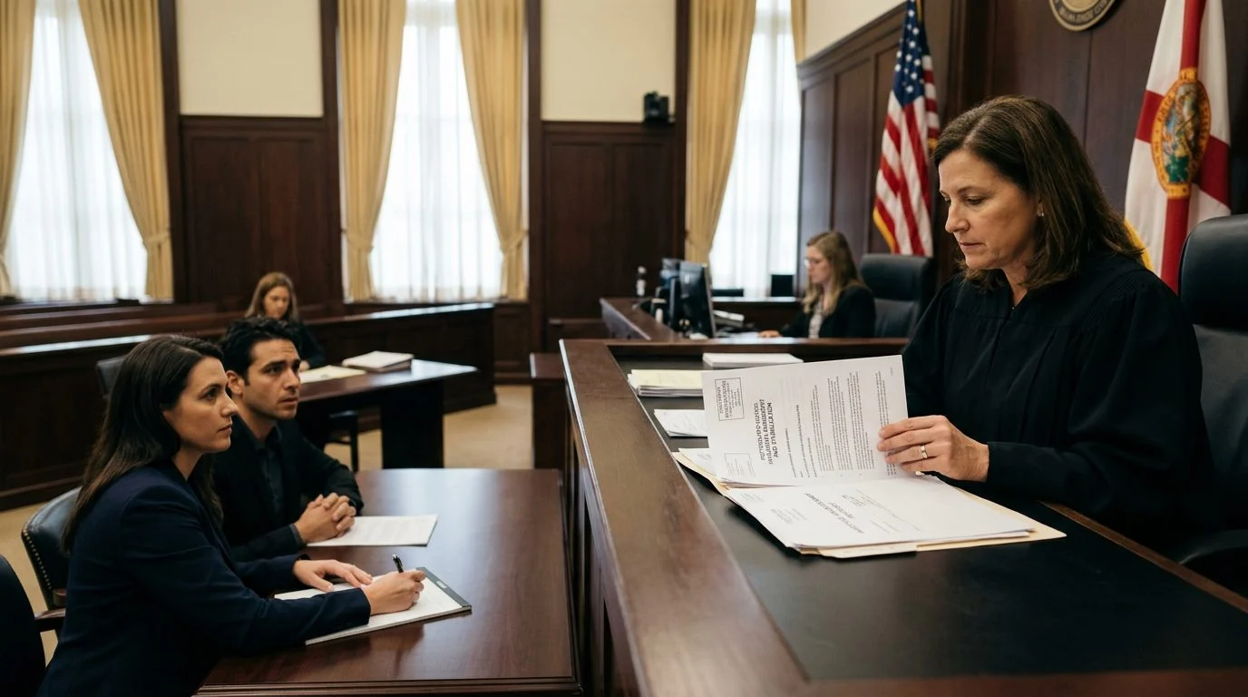 Courtroom scene with a judge reviewing involuntary commitment papers while the petitioner sits with counsel.