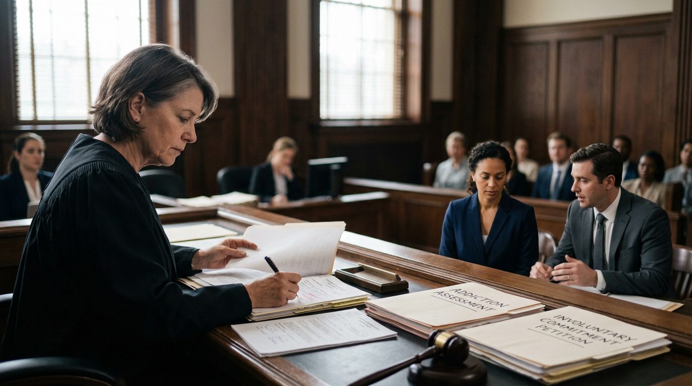 Courtroom scene with a judge reviewing involuntary commitment petition documents while a petitioner and counsel attend a Marchman Act hearing.